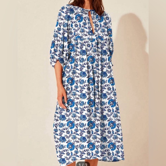 New Boho Aqua  & White Loose Viscose Floral Smock Dress small. The first picture - Picture 5 of 16